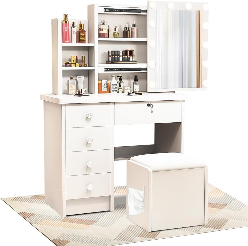 ドレッサー コンパクト コードレス新型登場 テーブル ライト付き 幅員80cm 大容量収納力 白 3色LED 女優ミラー 鏡台 化粧台 ホワイト スツール付き 新型モデルa04