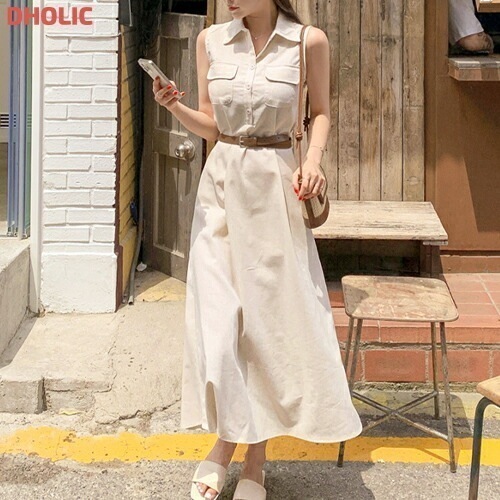 [メガ割りSALE]Aラインフレアカラーポケットロングベルトノースリワンピース