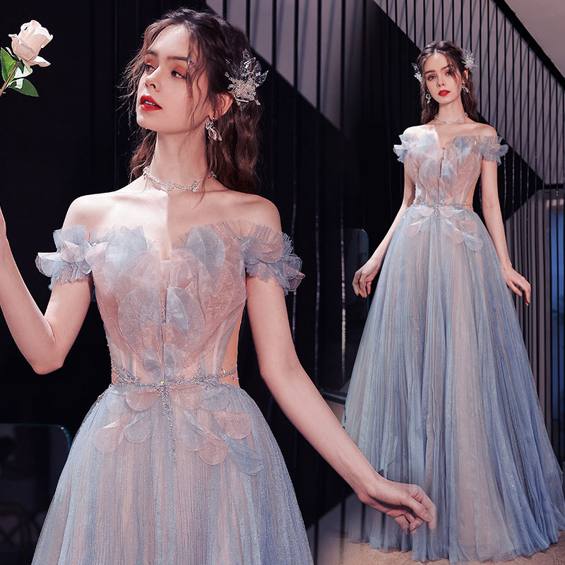 イブニングドレス オフショルダー ブルー 演奏会ドレス 発表会ドレス ロング パーティードレス 水色 オフショル Aライン 成人式ドレス チュール ドレス XXS XS S M L XL XXL XX