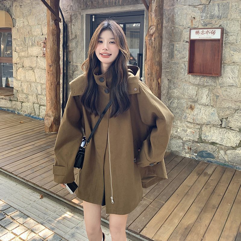 Merlad レディース ワークウェアジャケット 2025年春/秋 新スタイル ルーズフィット フード付き ミドル丈 オーバーサイズケープ カジュアルトレンチコート