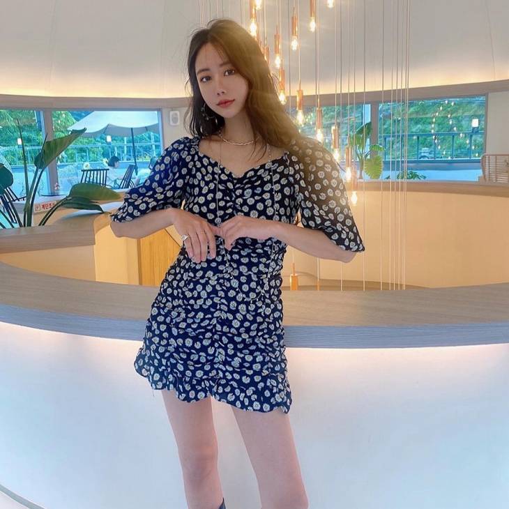 ワンピース ダークブルー即納 赤予約 F(XSS相当) 花柄 ボリューム袖 スリム sweet系 2298166 夏服 森ガール シンプル ナチュラル オフショルダー パフスリーブ ギャザー ミニ
