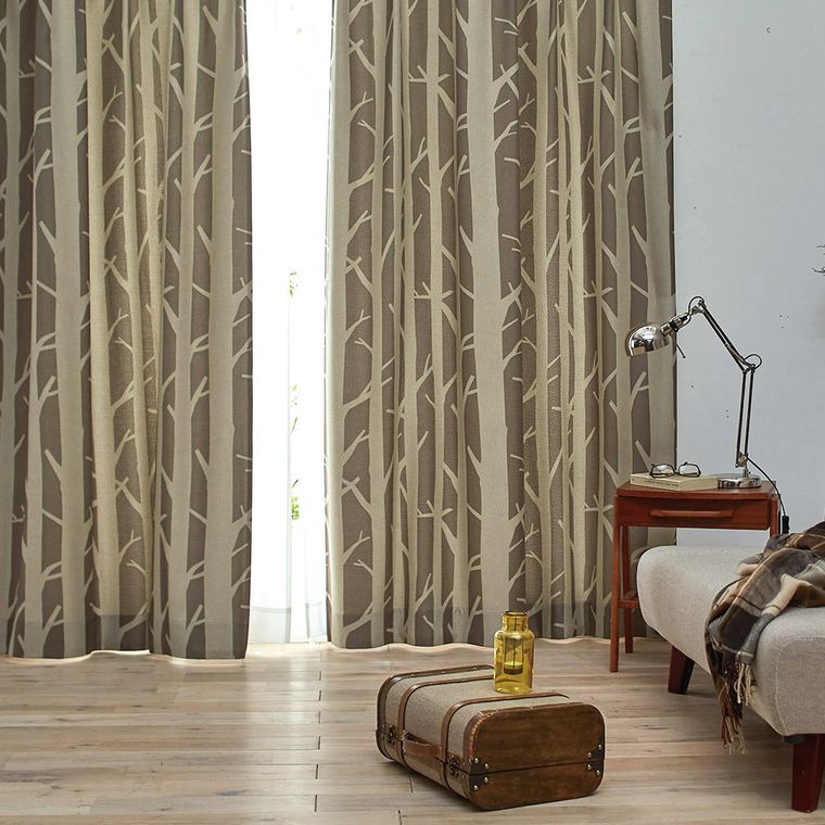 カーテン 遮光 3級 幅100x丈178cm (1枚入）白樺 木 植物柄 掃出窓 100x178 日本製 おしゃれ 丸洗い 洗える 形状記憶加工 既製 リビング 国産