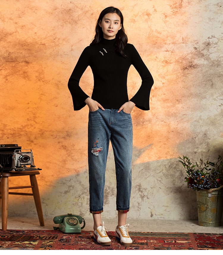 エレガント カジュアル ハーフハイカラー ニット セーター 秋 女性 トップ スリムフィット セーター ブラック ホワイト S M L XL トップス 袖あり かわいい 大人可愛い きれいめ シンプル