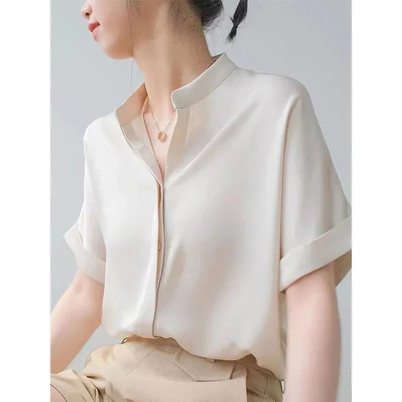 大人気！ 今っぽシアーシャツTシャツコレクション今っぽシアーシャツレイヤードトップス春先取りブラウス 今年もクルーネックトップスさらっと羽織れる：サテンシャツ2025年新規女達サマー気質Vネック