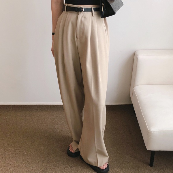 韓国ファッション ハイウエスト ツーピンタック ワイド スラックスパンツ(ショート/基本/ロング)