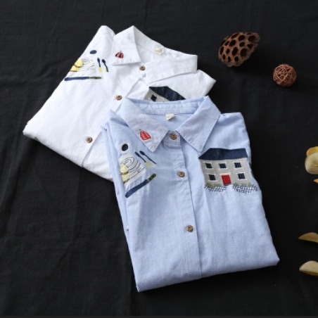 レディース トップス シャツ ブラウス 上着 羽織 前開き ミドル丈 長袖 襟付き 角襟 ポロカラー Aライン 刺繍 ボタン 綿 コットン かわいい 大人可愛い シンプル カジュアル 上品 おしゃれ