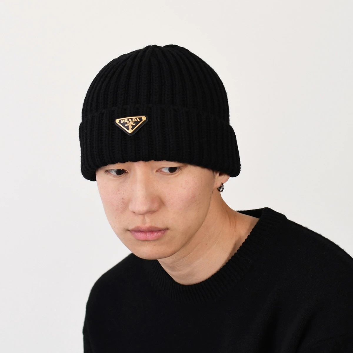 ニット帽 ウール ビーニー 1HC390 2DZL メンズ NERO ブラック バージンウール カシミヤ 帽子 トライアングルロゴ 秋冬 ロゴ