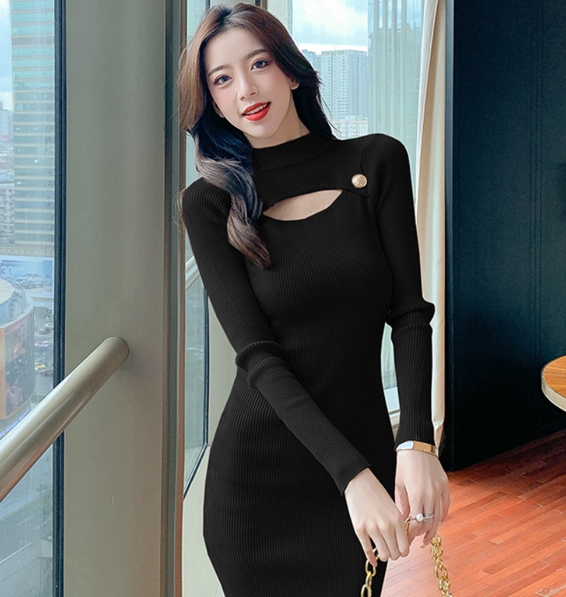 ワンピース デート ミモレ丈 長袖 タイト 細身 スリット リブニット 可愛い きれいめ 上品 おしゃれ かっこいい 可愛い ラブリー キュート ガーリー クール モード系 セクシー