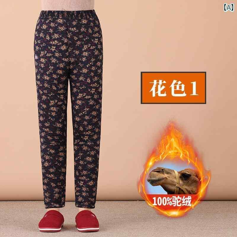 パンツ ズボン ウエストゴム レディース シニア 股上深め 大きめサイズ ストレッチ 楽ちん 太もも ふくらぎ シニア 冬 厚手 綿 ウール ストレート ボトムス 体型カバー 裏起毛 暖かい 防寒 防