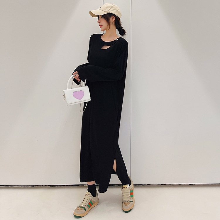 ワンピース 袖あり 長袖 スリット サイドスリット プルオーバー かわいい 大人可愛い きれいめ シンプル カジュアル 大人 上品 おしゃれ お洒落 かっこいい ラフ ルーズ 無地 春 秋 冬 10代