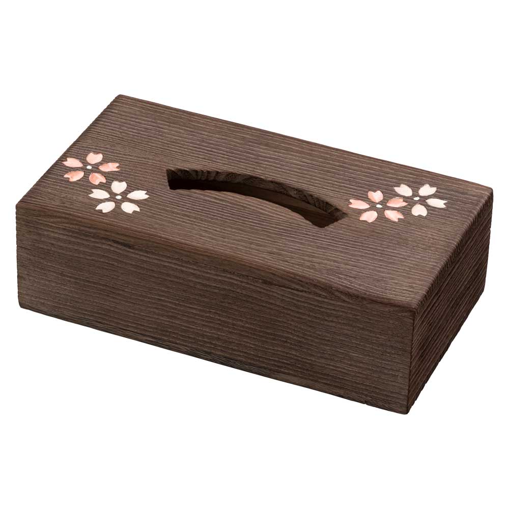 ボックスティッシュケース (009)　桜　木目込細工　桐製・時代仕上　箱長の桐工芸品　日本製　東京浅草の木製品