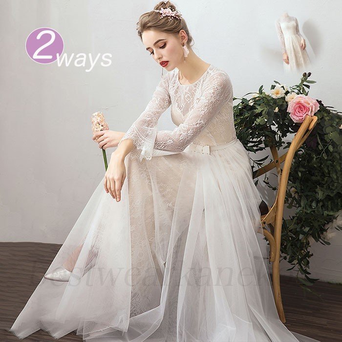 ウエディングドレス Aライン 袖あり ロングドレス ワンピース 二次会ドレス お呼ばれ花嫁 前撮り 10,095円