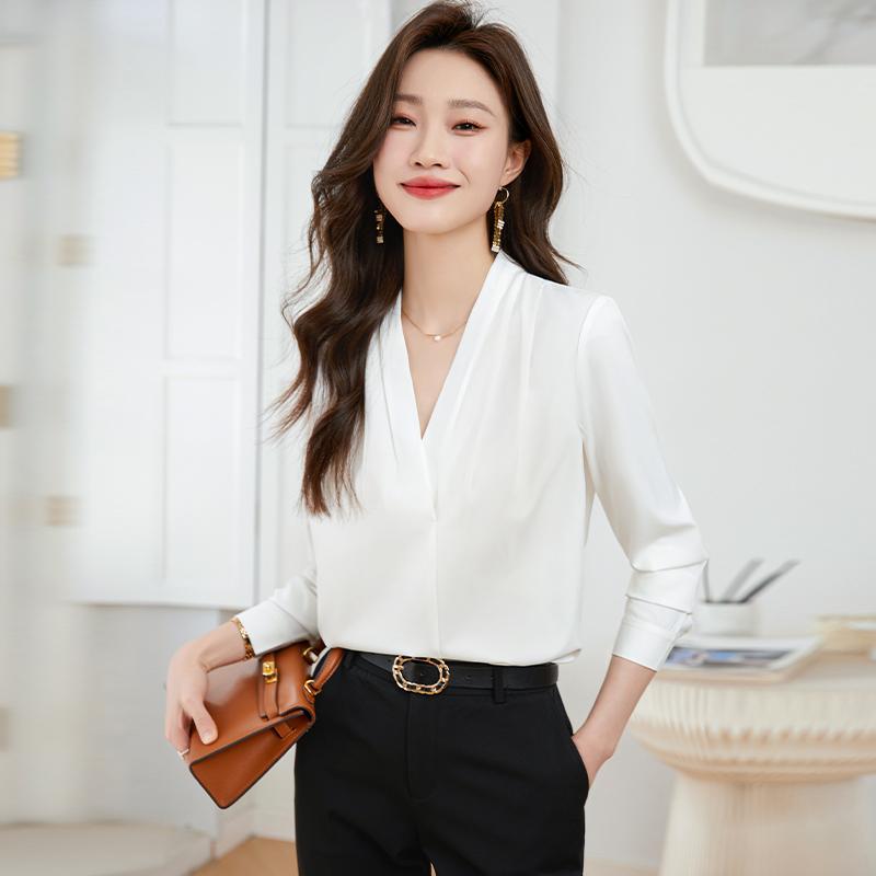 ブラウス レディース シフォン Vネック 白 シャツ 春秋 女性 トップス シンプル おしゃれ ビジネス オフィス カジュアル