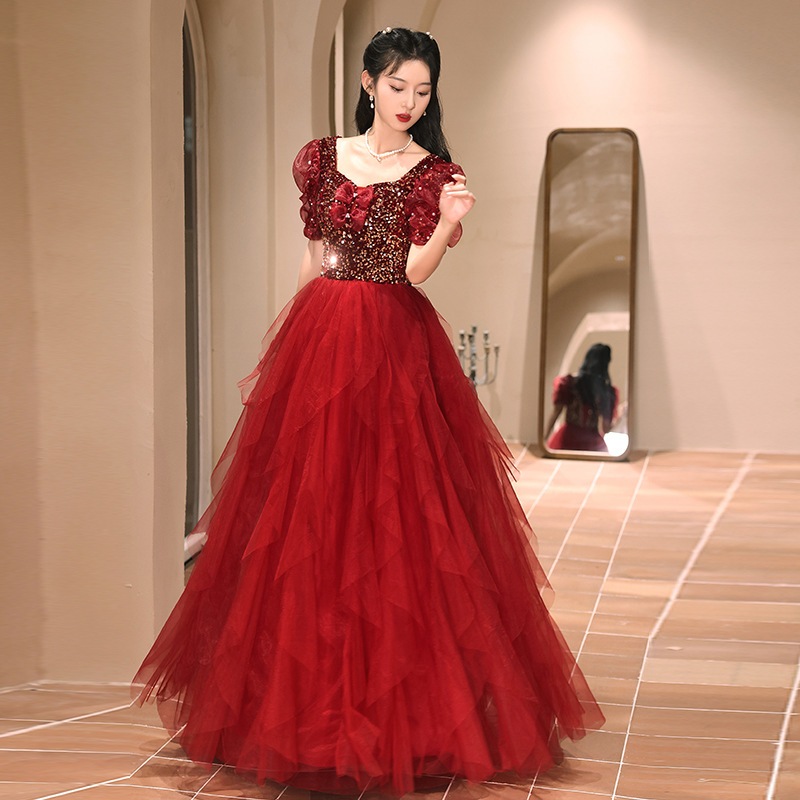 ブルゴーニュのプリンセス花嫁トーストドレス2025新しい婚約結婚式のイブニングドレスホスト春