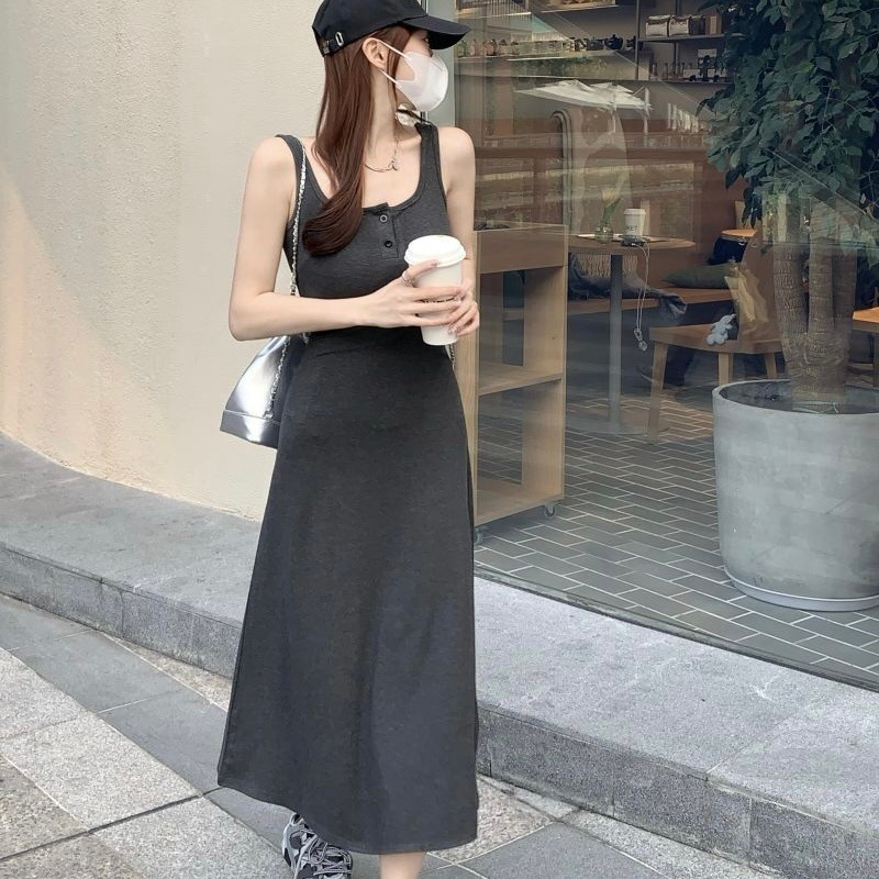 ワンピース ロングスカート ロング丈 袖なし ノースリーブ スクエアネック スリム 細身 Aライン ハイウエスト プルオーバー 綿 薄手 コットン 大人可愛い きれいめ シンプル カジュアル 大人 5,318円