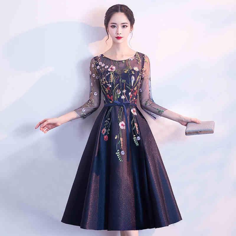 ドレス パーティードレス パーティドレス 演奏会ドレス 演奏会用ドレス 発表会ドレス ステージドレス 膝丈 膝下 ミディアム丈 袖あり 7分袖 七分袖 ラウンドネック クルーネック Aライン