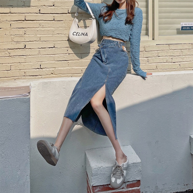 スカート レディース ロング丈 タイト デニム スリット カジュアル シンプル かわいい 無地 きれいめ ブルー ライトブルー ブラック XL ロングシーズン オルチャン 普段使い 着回し コーデ 5,831円