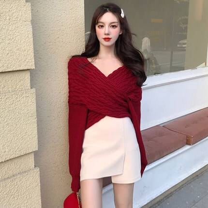 セットアップ レディース ニット タイトスカート セットアップ フロントクロス ミニ丈 長袖 Vネック スタイルアップ レッド グリーン 大人 可愛い きれいめ セクシー 秋冬 デート 女子会