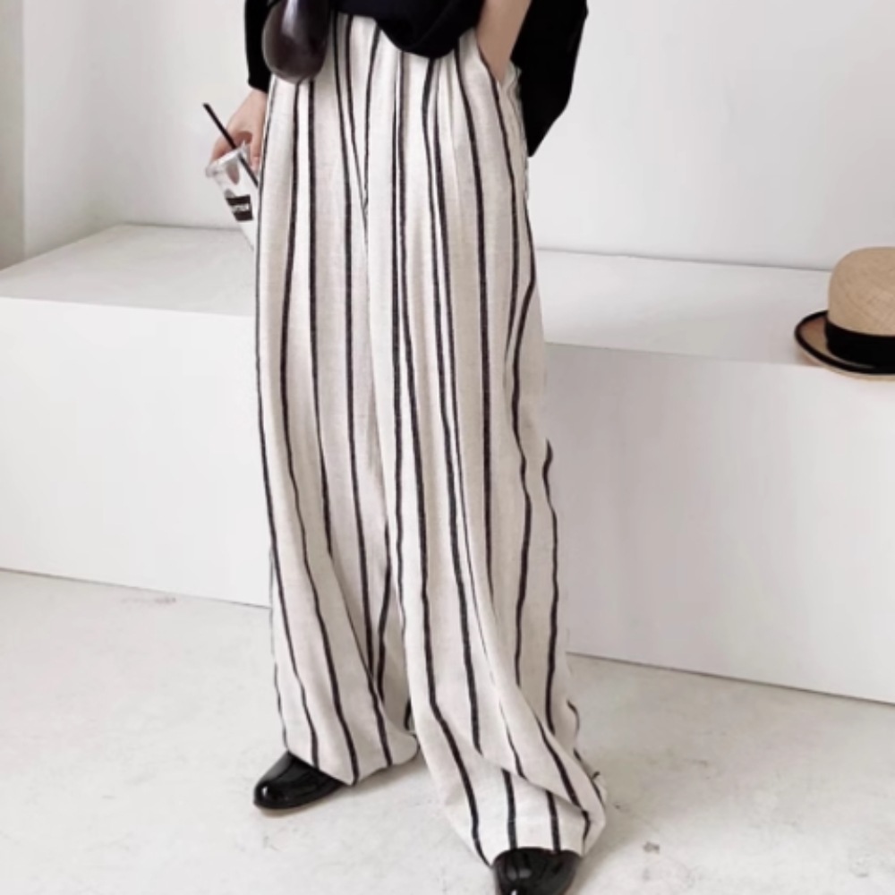 レディース リネンパンツ パンツ ボトムス ワイド 綿麻パンツ ストライプデザイン 夏服 春夏 ロング丈 レディース かわいい きれいめ カジュアル 上品 おしゃれ かっこいい 都会的 通勤 デート