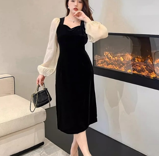 レディース ワンピース ドレス ミモレ 長袖 ボリューム袖 パフスリーブ タイト ふわふわ ハイウエスト 透け感 シースルー 切り替えデザイン ドッキング ベロア 大人可愛い きれいめ 上品 おしゃれ