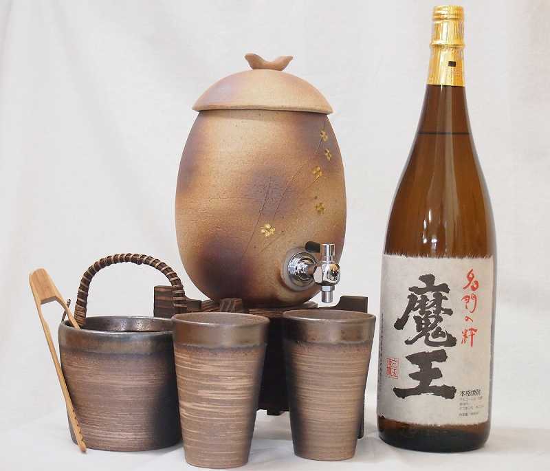 信楽焼明山窯　焼酎サーバー　火色金小紋　2200ｃｃ(滋賀県)+萬古焼備前金彩焼酎ペアカップ 氷