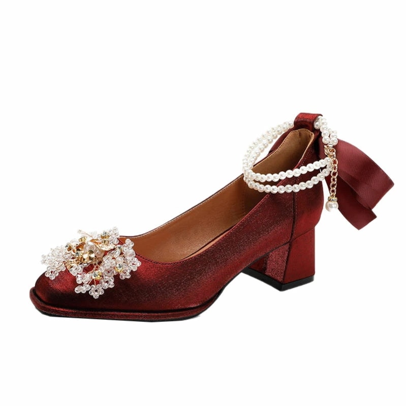 1000円OFFクーポン ウェディング シューズ ブライダルシューズ 結婚式 パール付き パンプス 太ヒール 黒 ストラップ ウエディングシューズ パーティーシューズ ウェディング靴 二次会 前撮り