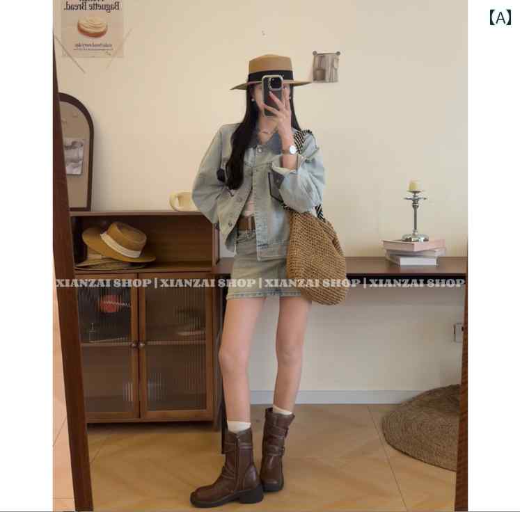 デニム　スタイル　レディース　 XIANZAI ヴィンテージ 早春 コーデ チェック 柄 スプリット デニムジャケット ショート スカート ベルト 付き 3点 セット