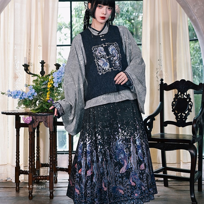 チャイナ風服 コスプレ 琵琶袖トップス 刺繍ベスト スカート 巻きスカート 漢服 ロング 中華風 改良ラップスカート 高級質感 キラキラ 豪奢