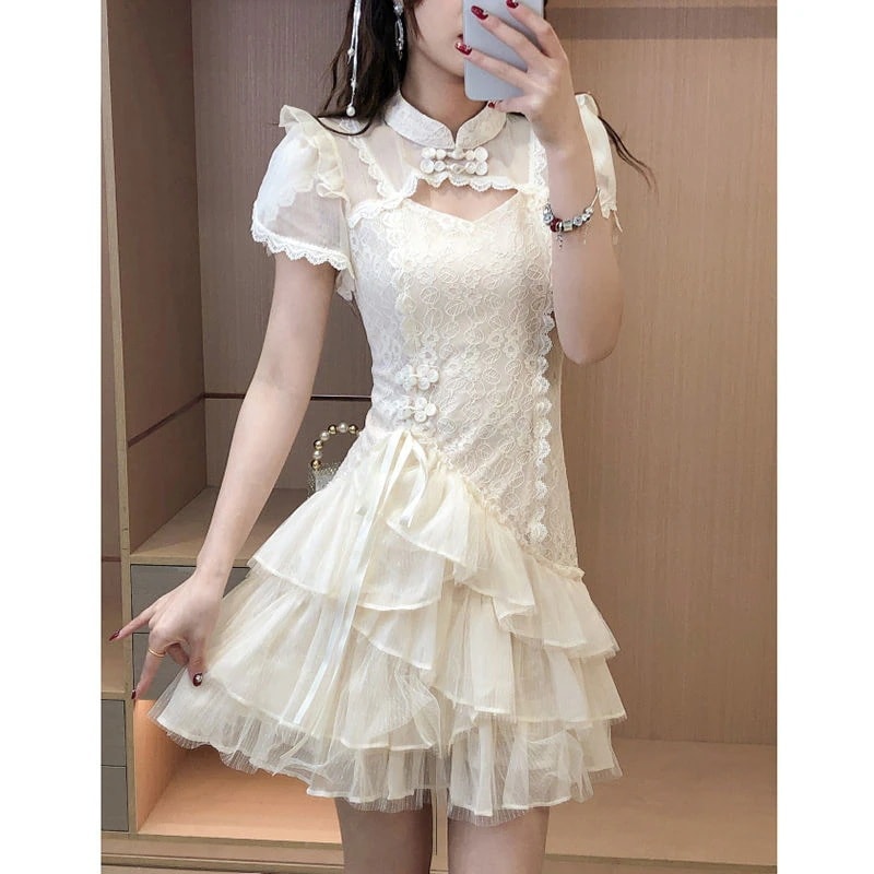 スーパーフェアリーレースドレス女性2025夏気質弓中空改良チャイナドレススリムスカート 母の日-0010307
