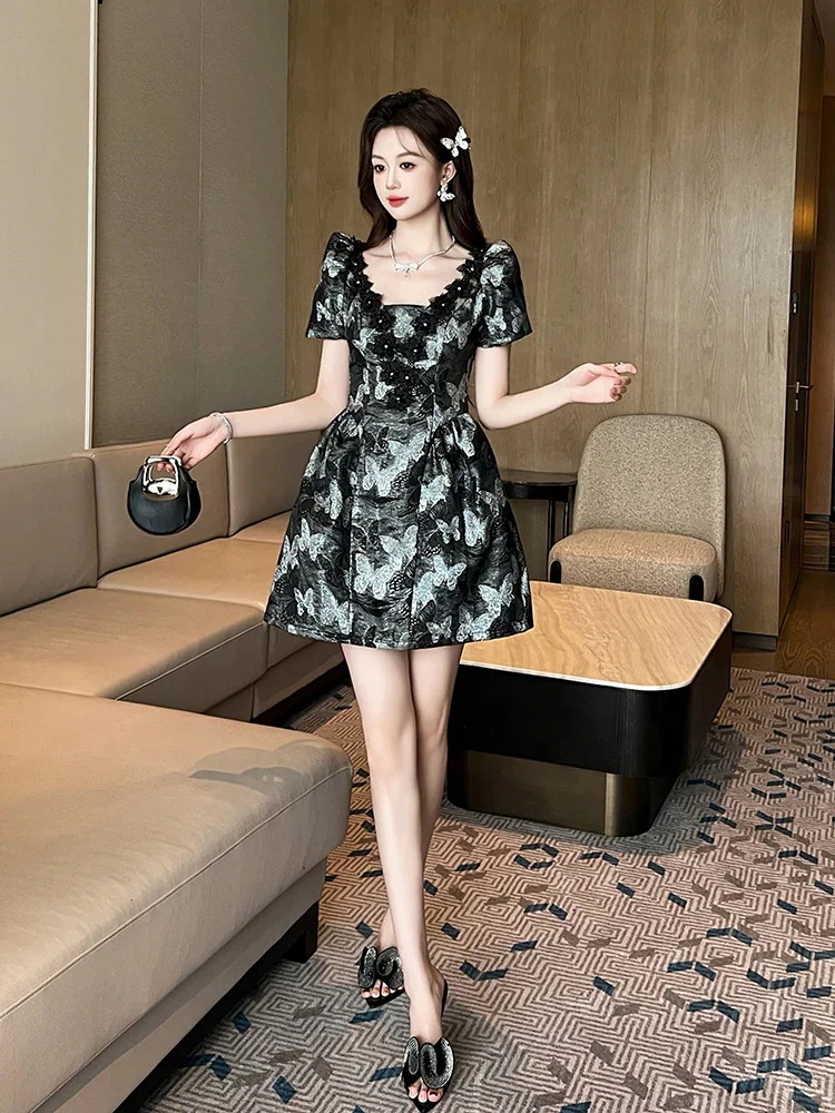 無料！新作 【JY.上品】 2024夏新品 Vネック 蝶柄 Aライン ショートワンピース ドレス パーティー キャバ 大人 同窓会 披露宴 卒業式 結婚式 演奏会 ウェディング 二次会 メガ割