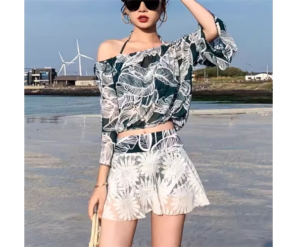 水着 レディース タンキニ ショートパンツ 短パン セパレート ホルターネック オフショル パッド付き ワイヤー入り 七分袖 五分袖 バックリボン セット スリーピース 上下セット かわいい