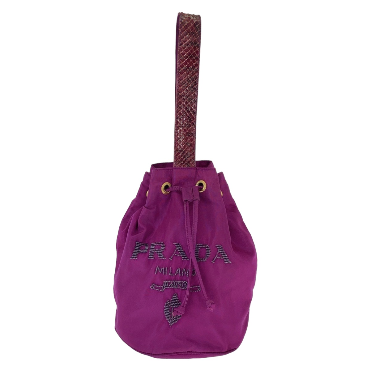 テスート ロゴ ビーズ パープル ゴールド金具 ナイロン/パイソン ショルダーバッグ 巾着バッグ ハンドバッグ ポーチ レディース 503629