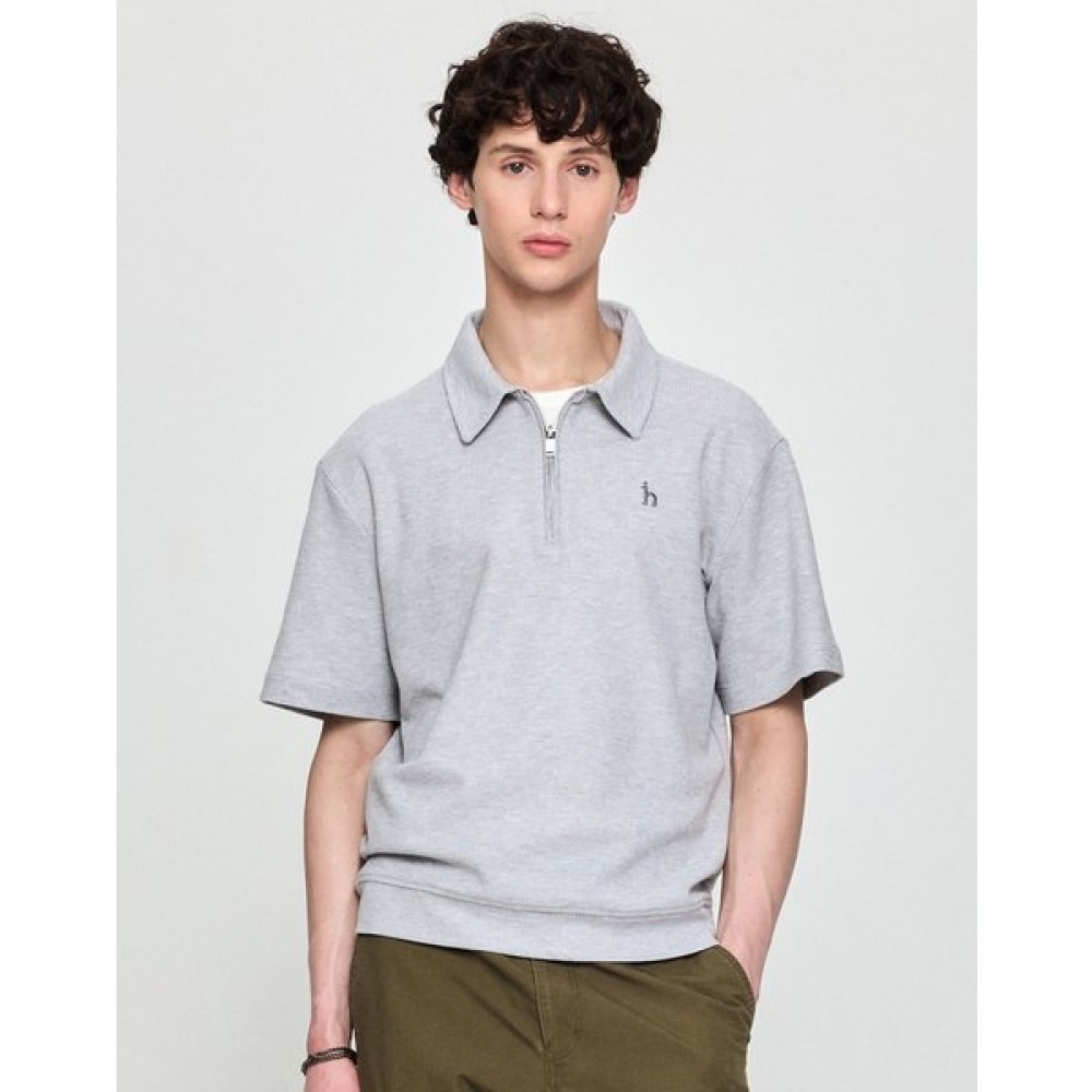 [25SS] グレーハニカムティッシュカラージップアップ半袖スウェットシャツHZTS5B607G2