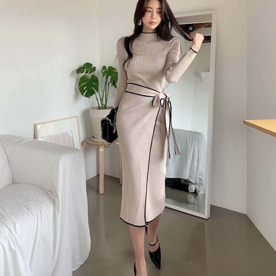 【取寄：納期2週間】ワンピース ドレス ロング レディース バイカラー リボン ニット 膝丈 ミディ丈 タイト オフィス お呼ばれ ニットワンピ ワンピース ドレス ロング レディース バイカラー