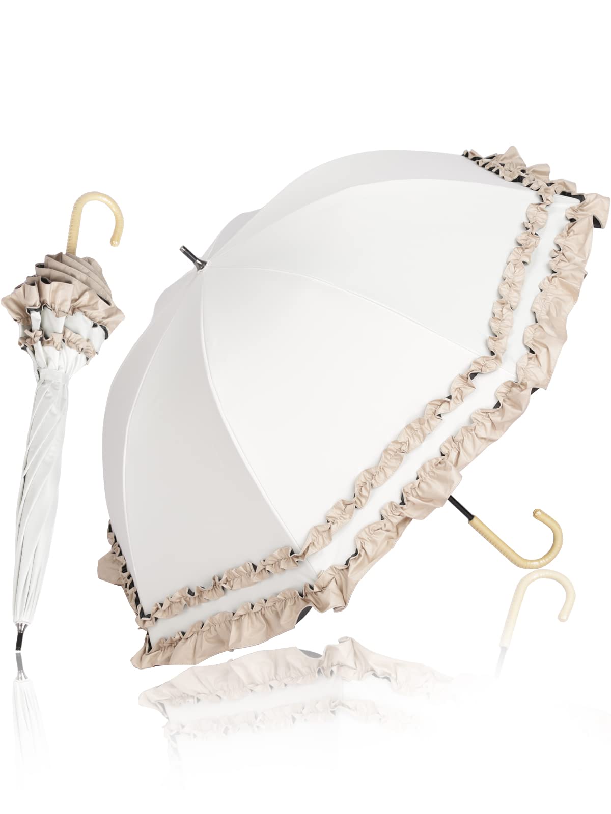 KIZAWA 日傘 uvカット 100 遮光 長傘 深張り 完全遮光 日傘兼用雨傘 レディース 5級撥水 ドーム 軽量 フリル 晴雨兼用 遮熱 かわいい 丈夫 母の日 プレゼント ラタン 持ち手 親骨