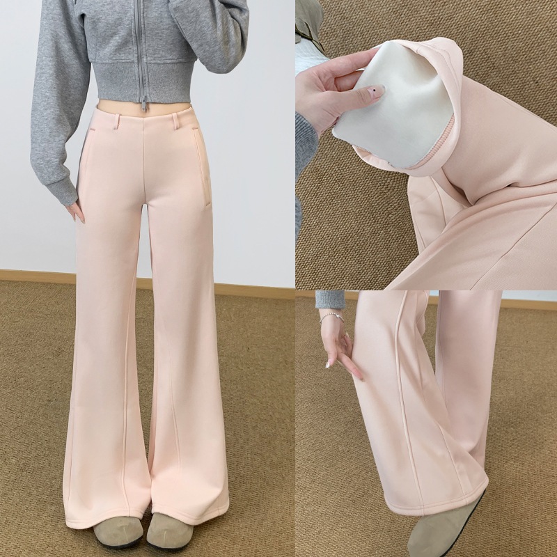 レディース用ピンクのフレアカジュアルパンツ2025年秋冬新作スタイルフリース裏地ローウエストゆったりとした丈床までの長さのアスレチックスウェットパンツ