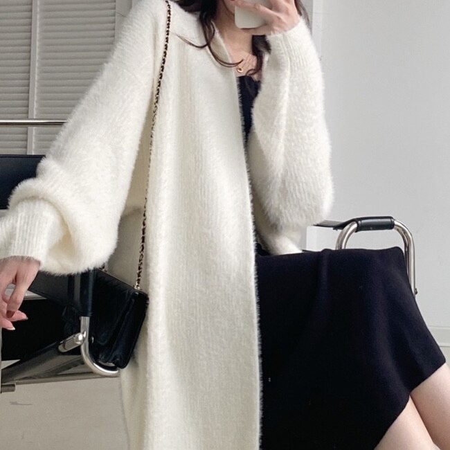 アウター カーディガン レディース 秋冬 きれいめ 暖かい ミモレ ロング 長袖 ドロップショルダー 萌袖 ノーカラー BIGシルエット タイト 細身 ストレート Iライン ふわふわ 前開き 伸縮性