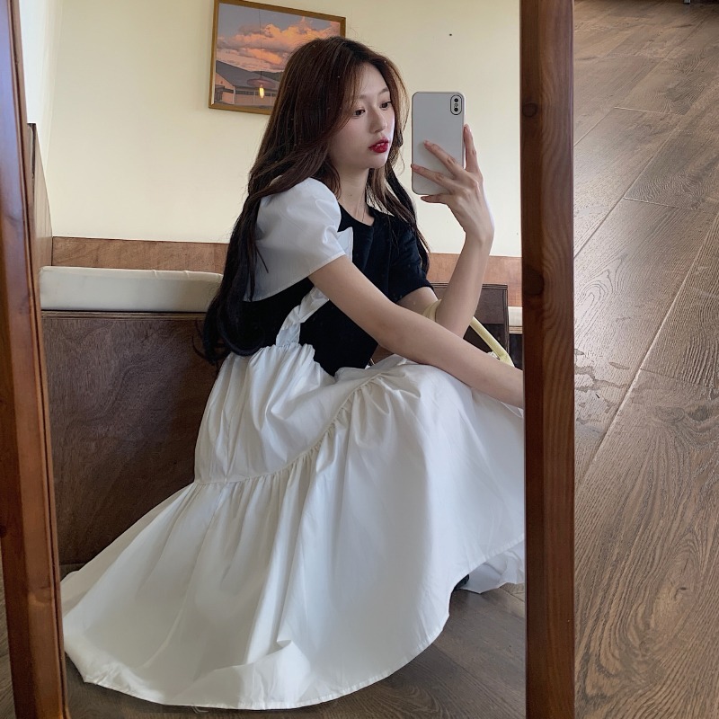 アシンメトリー ワンピース ティアードスカート Aライン 膝丈 素材違い 半袖 クルーネック フリル