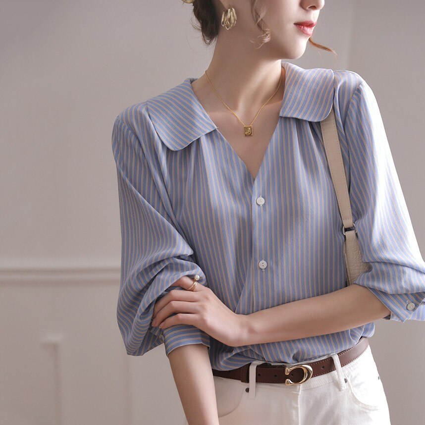 出荷が早い今っぽシアーシャツTシャツ トップス長袖ブラウス 春先取りブラウス ストライプのシャツの女性の夏の7分の袖のゆったりとしたフランス風の上着 レディース 5,037円