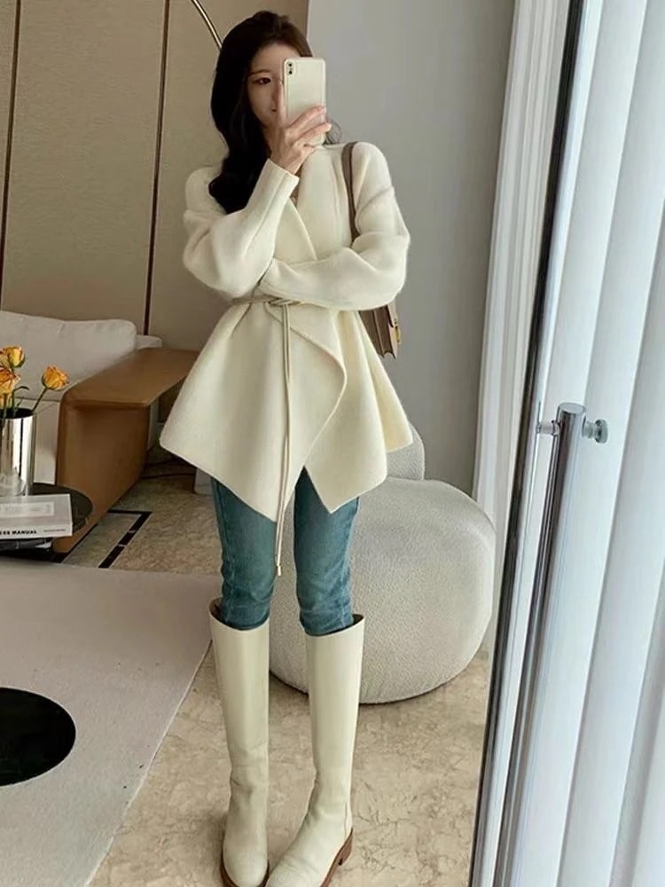 韓系優しげニットカーディガン新型高級感だるい風ミディアムセーターコート女性の早い春