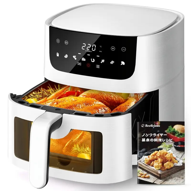 4.5Lエアフライヤー - 大容量オイルフリー電気式フライヤーデジタルディスプレイ付き可視窓＆220C/428F最大温度健康的な調理用1～5人対応日本プラグ家庭用エアフライヤーオーブン