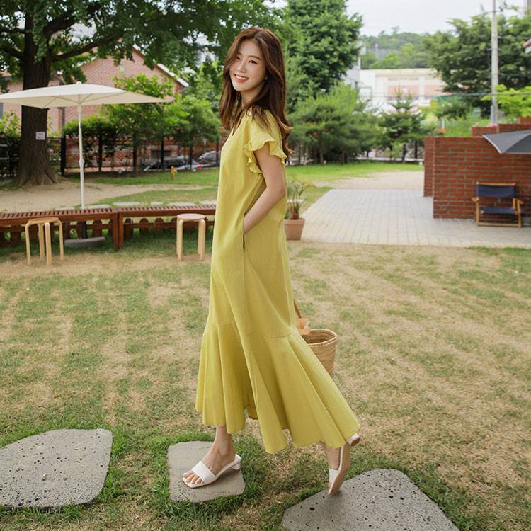 ワンピース フレアワンピース ロング ロング丈 マキシ マキシ丈 9分丈 袖あり 半袖 ラウンドネック フレア ワイド マーメイド フリル ポケット 綿 麻 リネン コットン かわいい