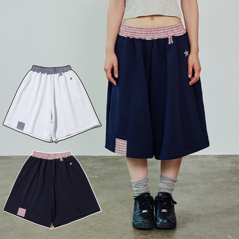 CHECK BANDING BERMUDA PANTS - LIGHT GRAY, NAVY