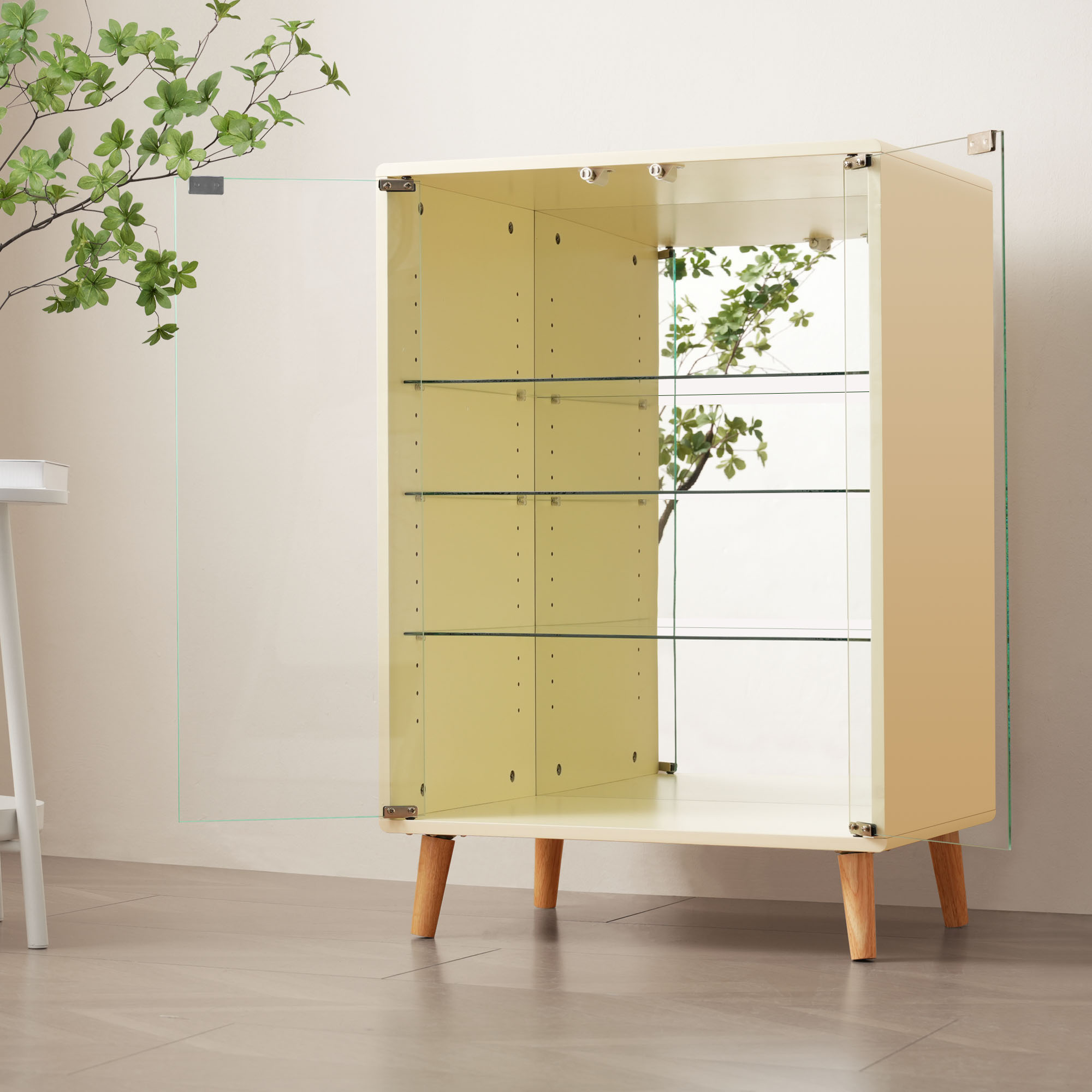 コレクションケース ワイド 大容量 コレクションシェルフ ガラスディスプレイキャビネット 4段 高さ調節可能 背面ミラー 強化ガラス棚 サイズ：幅60*奥行43*高さ88CM ベージュGG7061 G