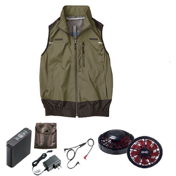 KU92120 空調服 R ポリエステル製 遮熱フルハーネス仕様ベスト FAN2200BR・RD9261・LIPRO2セット カーキグリーン M