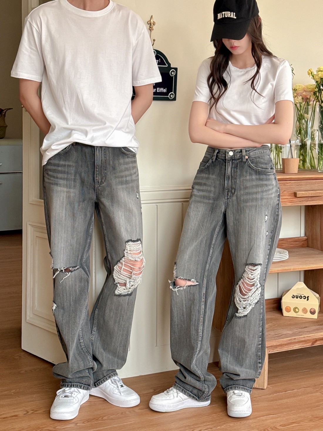 NEW 韓国人気 男女共用, ブラックオールブラシ救済セミワイド カップル男ジーンズ [8067]