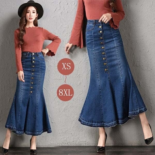 夏 物 レディース デニムスカート タイト ロング マーメイド フレア 丈 ストレッチ 大きいサイズ カジュアル ハイウエスト 無地 かわいい セクシー おしゃれ【XS 5XL/6XL/7XL/8XL