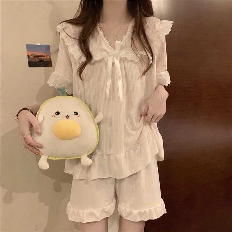 パジャマ ウェア女性の夏の薄いレースレースの部屋着点セット年新型シンプル日系 レディース 韓国ファッション