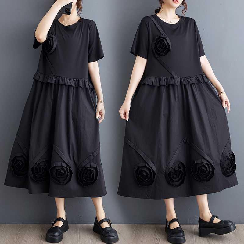 体型カバー 「ファットガール」 夏 レディース ドッキング 大きいサイズ 花飾り ゆったり Tシャツワンピース