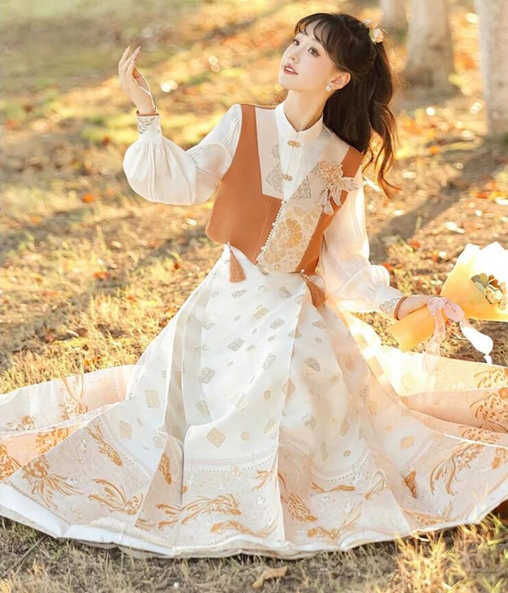 改良版漢服 華流 古風 ドレス レディース ハロウィン コスプレ衣装 馬面スカート ロング丈 プリーツスカート ベスト 長袖シャツ 女性 大人 コスチューム 文化祭 イベント 発表会 演出服 撮影衣装